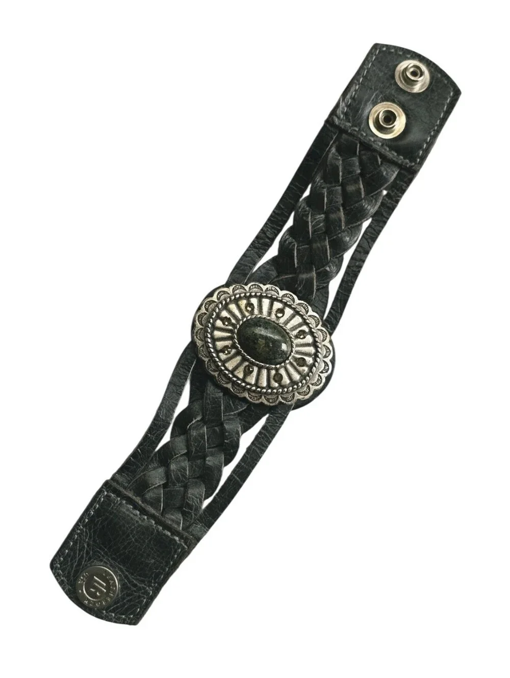 Leatherock USA Black Leather Concho Cuff Bracelet Stone Crystal Western 8.25
